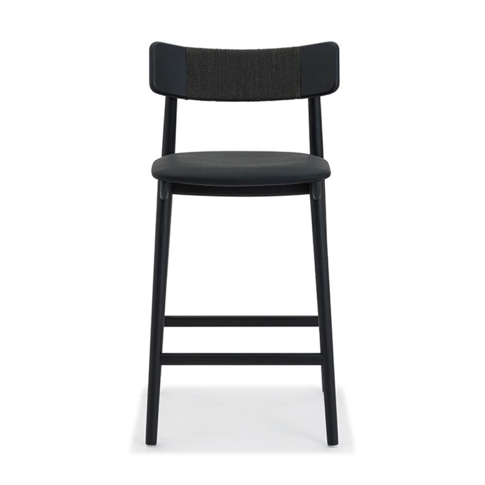 Scandi Cord Wrapped Back Counter Stool Charcoal Solid Oak Wood & Black Leather