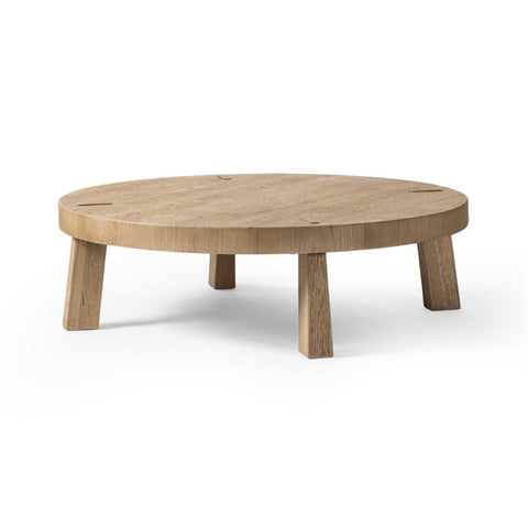 Scandinavian Style Round Coffee Table Oak Wood Distressed Worn Finish 50 inch