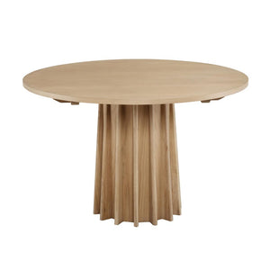 Sculptural Channel Fluted Pedestal Base Round Dining Table Oak Wood with Natural Finish 47 inch
