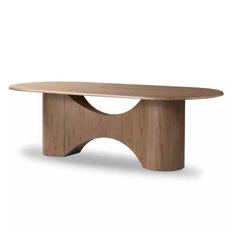 Sculptural Curved Base Oval Dining Table Rubbed Light Oak Veneer 98 inch