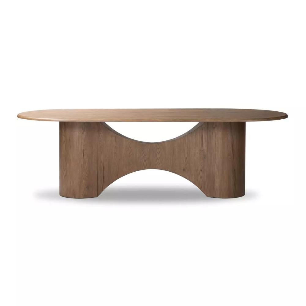 Sculptural Curved Base Oval Dining Table Rubbed Light Oak Veneer 98 inch