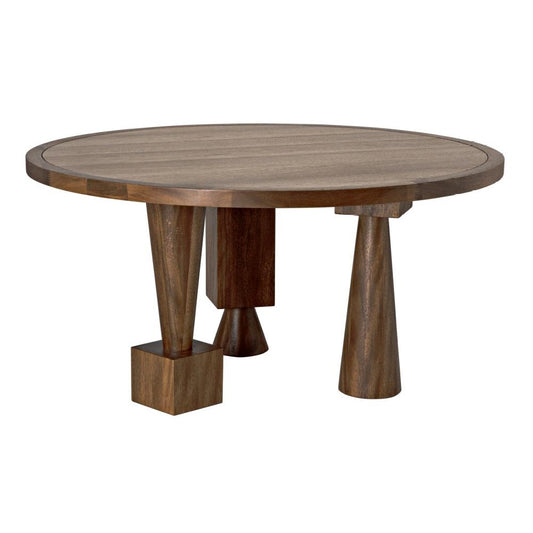 Sculptural Geometric Round Dining Table Dark Walnut Wood 60 inch