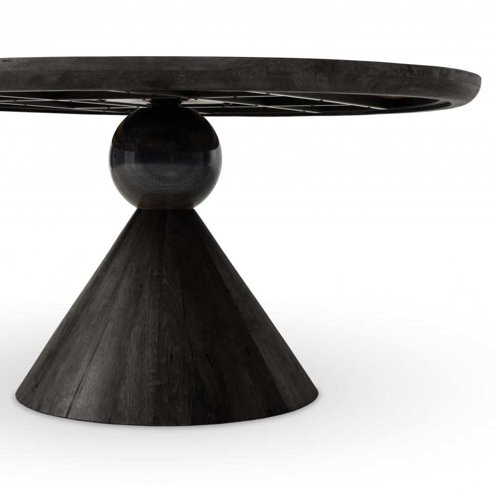 Sculptural Marble Ball Pedestal Round Dining Table Parawood Worn Black Finish 60 inch