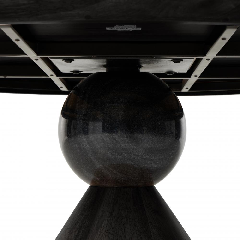 Sculptural Marble Ball Pedestal Round Dining Table Parawood Worn Black Finish 60 inch