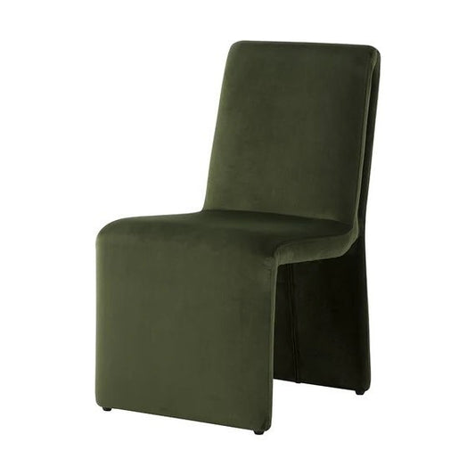 Sculptural Moss Green Velvet Fully Upholstered Armless Dining Chair