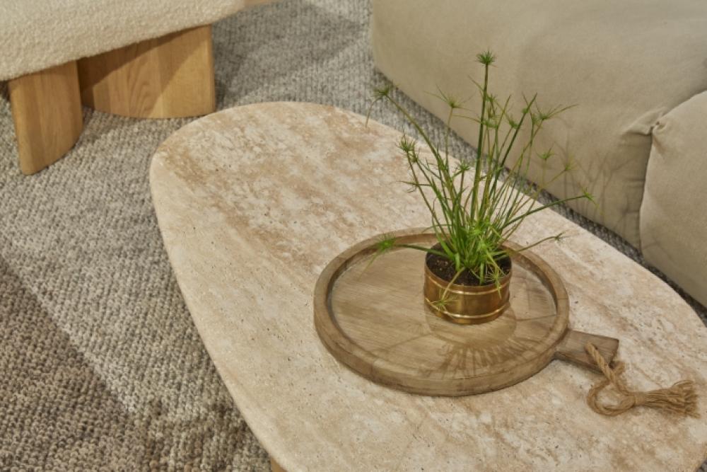 Sculptural Oak Wood Spherical Ball Base & Travertine Stone Top Coffee Table 52 inch