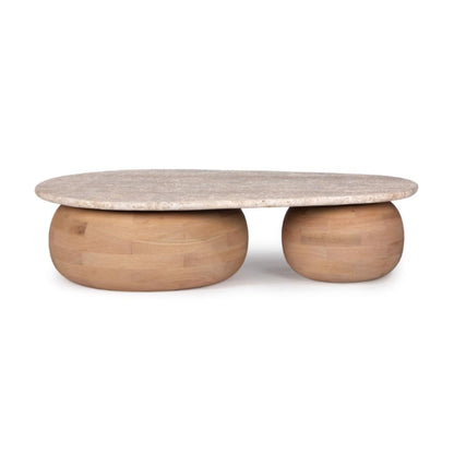 Sculptural Oak Wood Spherical Ball Base & Travertine Stone Top Coffee Table 52 inch