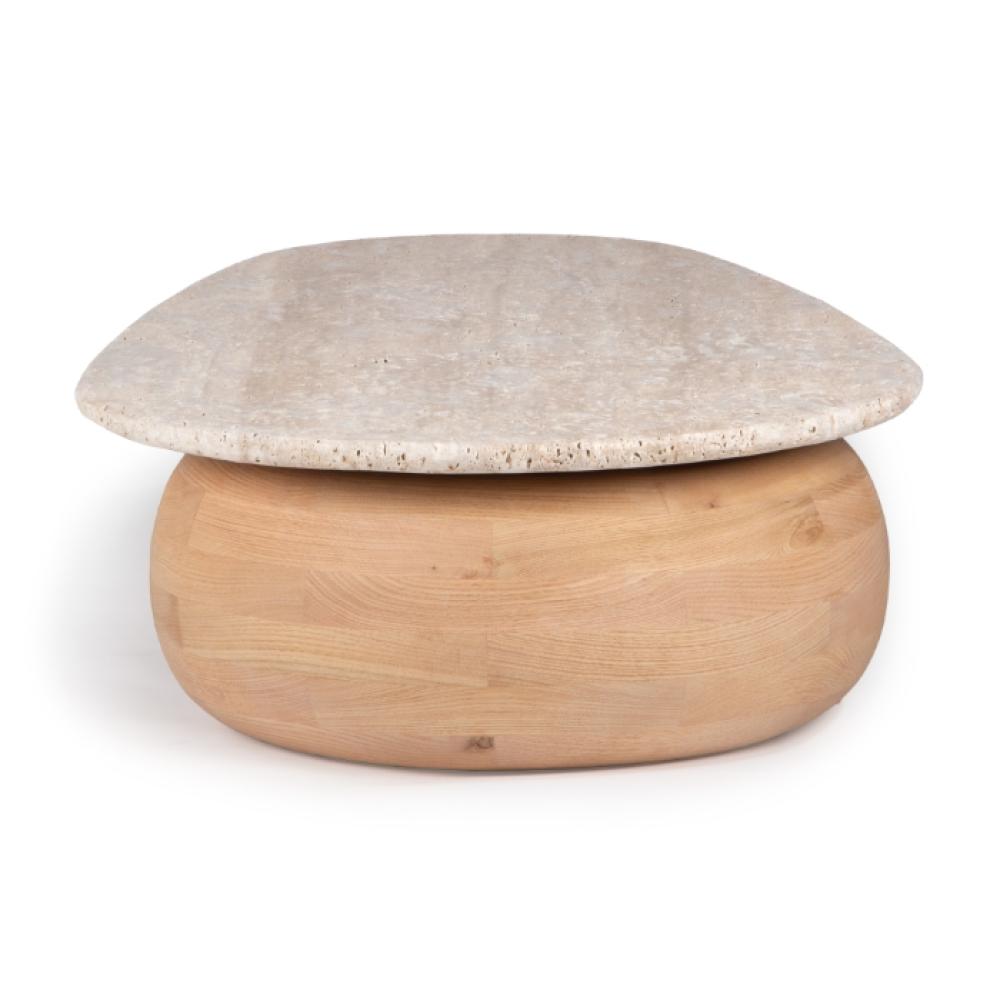 Sculptural Oak Wood Spherical Ball Base & Travertine Stone Top Coffee Table 52 inch
