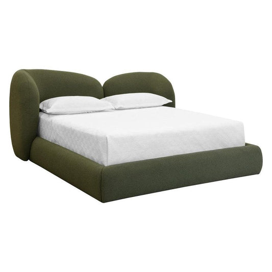 Sculptural Olive Green Boucle Fabric Fully Upholstered King Bed Frame