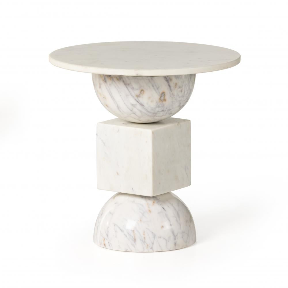 Sculptural Polished White Solid Marble Round Accent End Table 18 inch