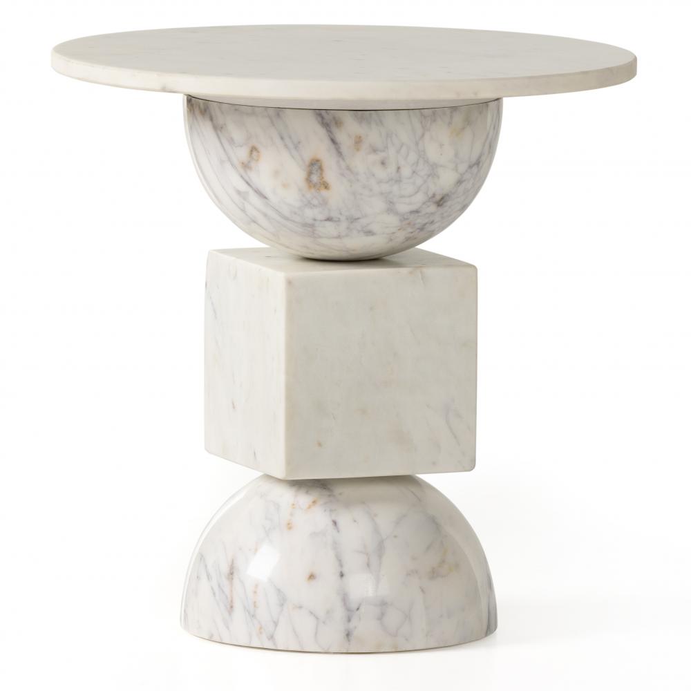 Sculptural Polished White Solid Marble Round Accent End Table 18 inch
