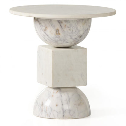 Sculptural Polished White Solid Marble Round Accent End Table 18 inch