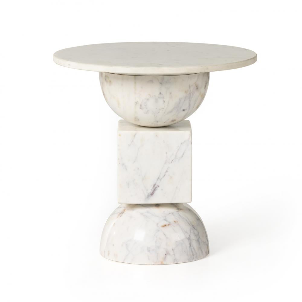 Sculptural Polished White Solid Marble Round Accent End Table 18 inch