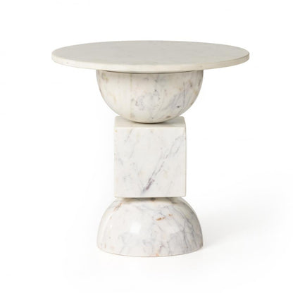 Sculptural Polished White Solid Marble Round Accent End Table 18 inch