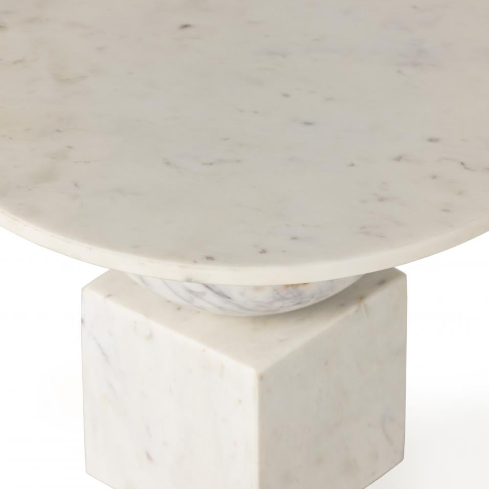 Sculptural Polished White Solid Marble Round Accent End Table 18 inch