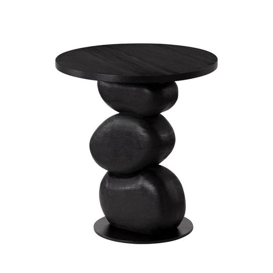 Sculptural Stacked Pebbles Black Mango Wood Round Accent Side Table 19 inch