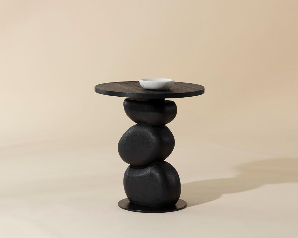 Sculptural Stacked Pebbles Black Mango Wood Round Accent Side Table 19 inch