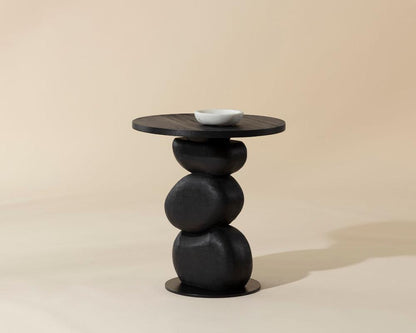 Sculptural Stacked Pebbles Black Mango Wood Round Accent Side Table 19 inch