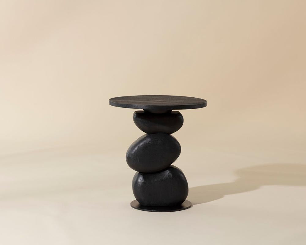 Sculptural Stacked Pebbles Black Mango Wood Round Accent Side Table 19 inch
