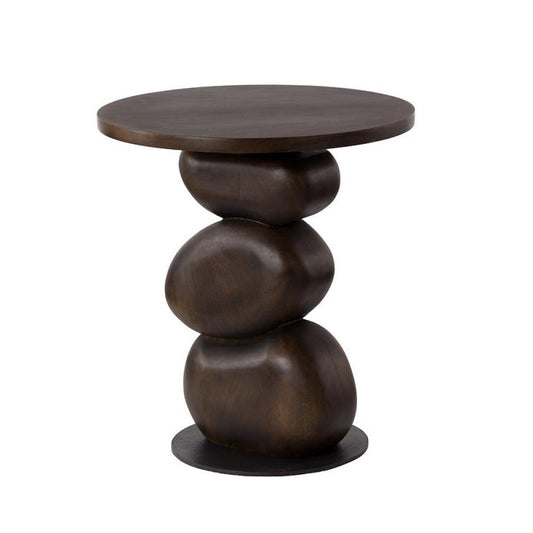 Sculptural Stacked Pebbles Brown Mango Wood Round Accent Side Table 19 inch