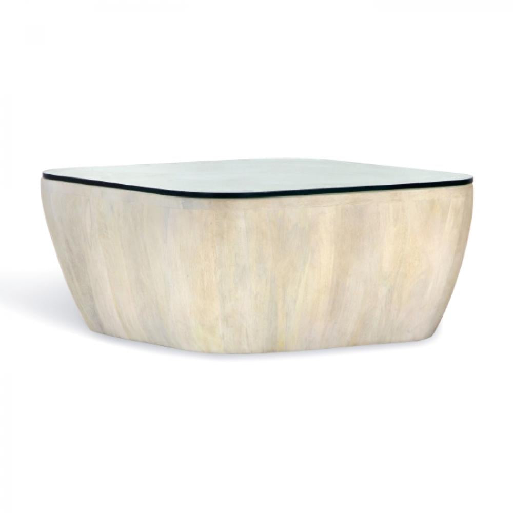 Sculptural White Wash Wood & Glass Top Rounded Square Coffee Table 31 inch