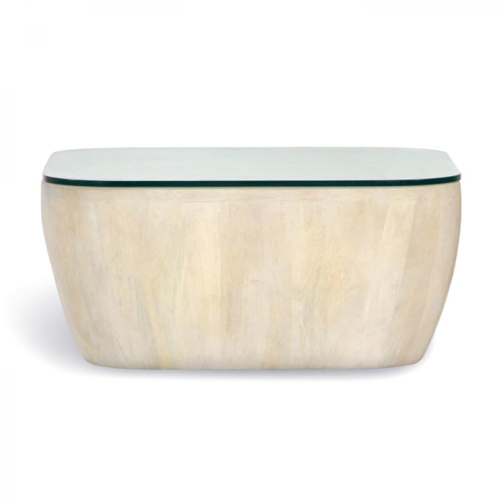 Sculptural White Wash Wood & Glass Top Rounded Square Coffee Table 31 inch