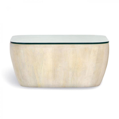 Sculptural White Wash Wood & Glass Top Rounded Square Coffee Table 31 inch