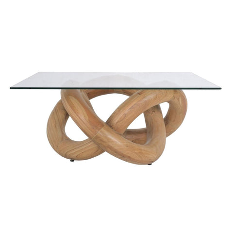 Sculptural Wood Natural Infinity Knot Coffee Table Square Glass Top 36 inch