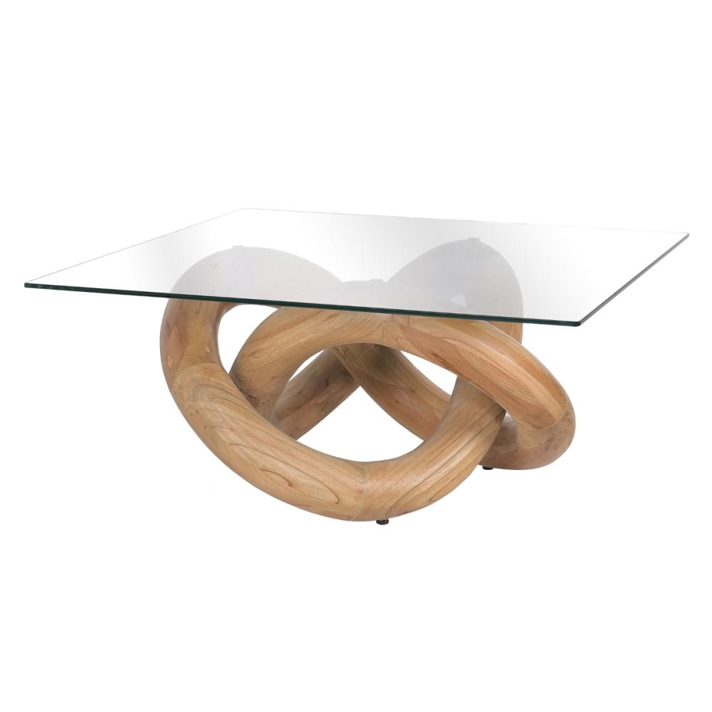 Sculptural Wood Natural Infinity Knot Coffee Table Square Glass Top 36 ...