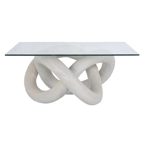 Sculptural Wood White Infinity Knot Coffee Table Square Glass Top 36 inch