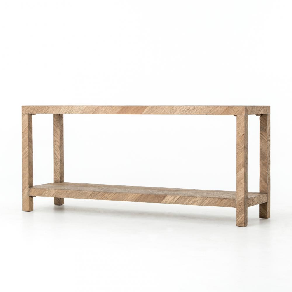 Simple Two Tier Console Table Herringbone Drifted Oak Wood 71 inch