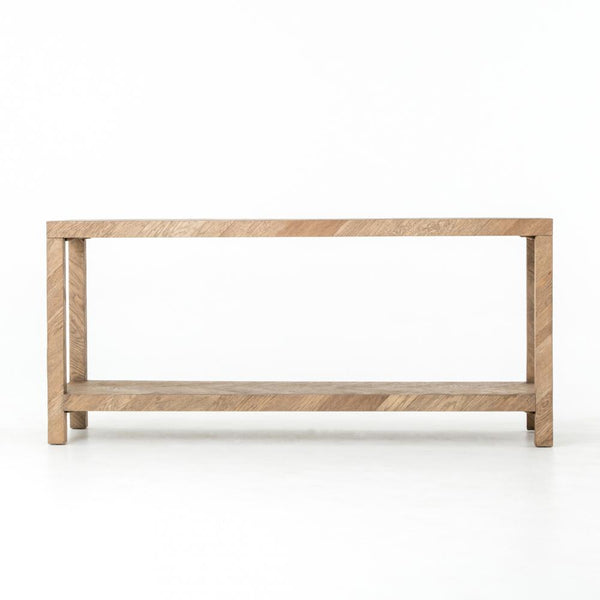 Simple Two Tier Console Table Herringbone Drifted Oak Wood 71 inch