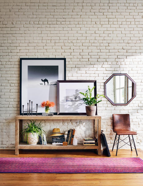 Simple Two Tier Console Table Herringbone Drifted Oak Wood 71 inch