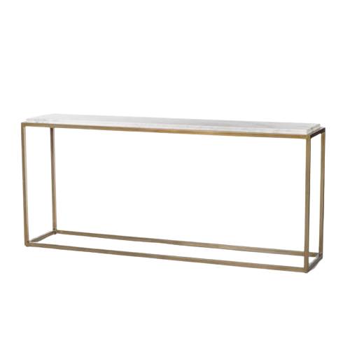 Simple White Cloud Marble Console Table Antique Brass Base 72 inch