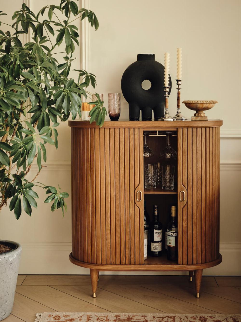 Slatted Tambour Curved Oak Wood Bar Cabinet with Black Marquina Marble Top 36 inch