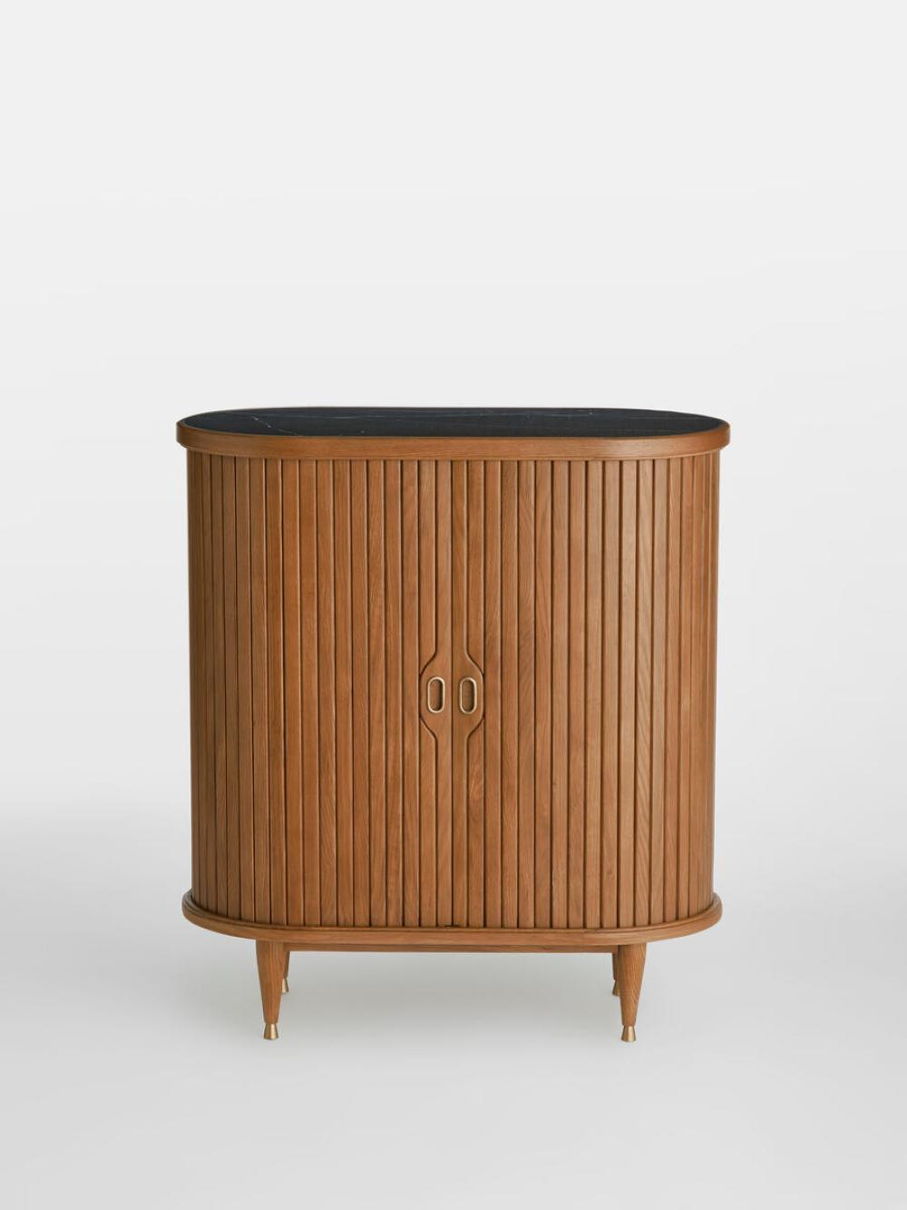 Slatted Tambour Curved Oak Wood Bar Cabinet with Black Marquina Marble Top 36 inch