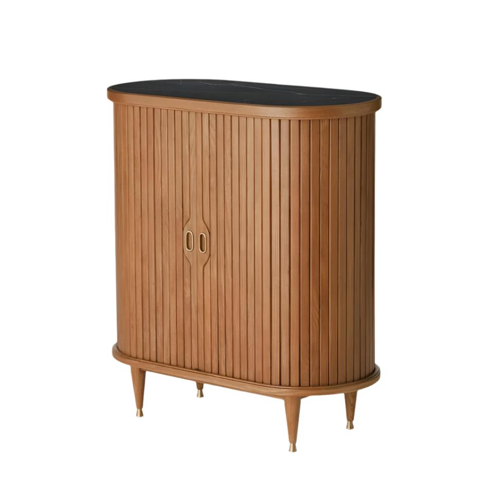 Slatted Tambour Curved Oak Wood Bar Cabinet with Black Marquina Marble Top 36 inch