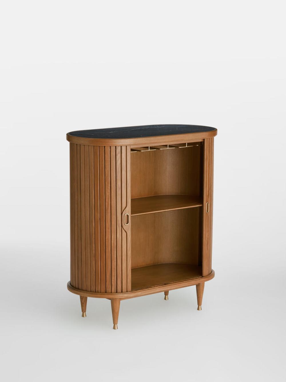 Slatted Tambour Curved Oak Wood Bar Cabinet with Black Marquina Marble Top 36 inch