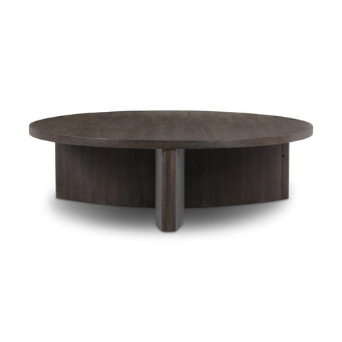 Smoked Black Oak Wood Chunky Pedestal Round Coffee Table 50 inch