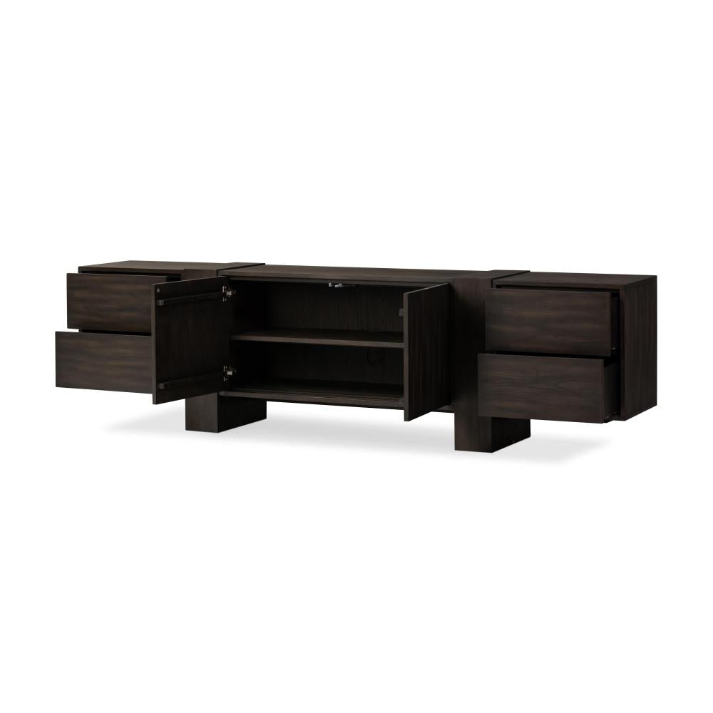 Smoked Black Oak Wood Low Media Console Storage Cabinet 94 inch