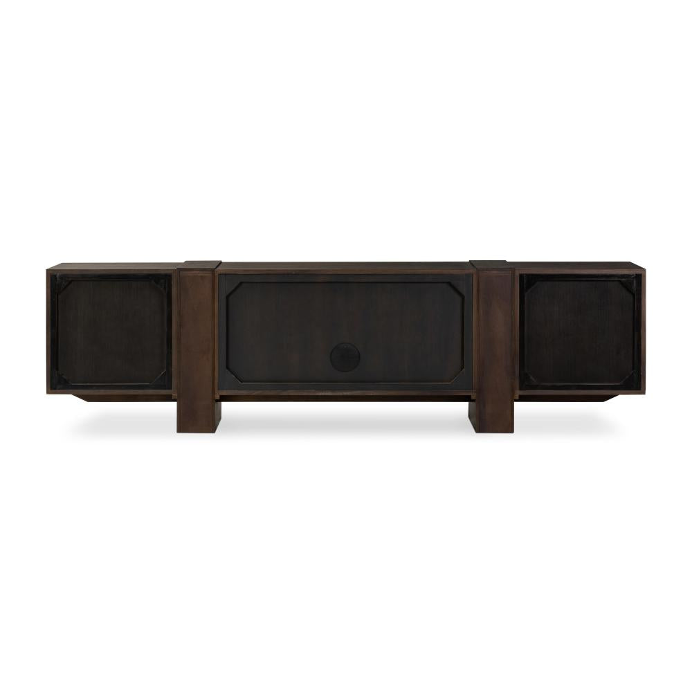 Smoked Black Oak Wood Low Media Console Storage Cabinet 94 inch