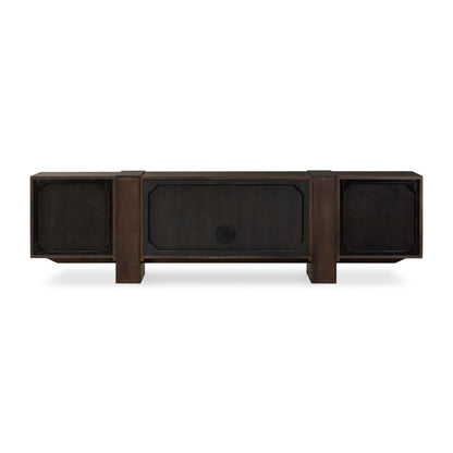 Smoked Black Oak Wood Low Media Console Storage Cabinet 94 inch