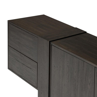 Smoked Black Oak Wood Low Media Console Storage Cabinet 94 inch