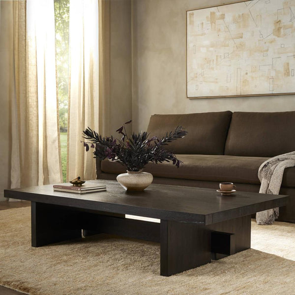 Smoked Black Oak Wood Low Rectangle Coffee Table 65 inch