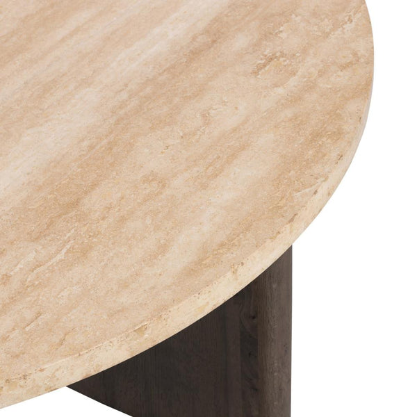  Smoked Black Oak Wood & Travertine Top Chunky Pedestal Round Coffee Table 50 inch