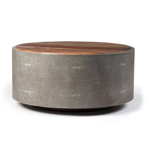 Round Coffee Table Reclaimed Peroba Wood & Gray Faux Shagreen Base 38 inch