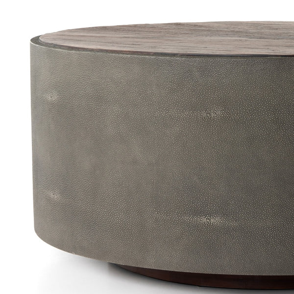 Round Coffee Table Reclaimed Peroba Wood & Gray Faux Shagreen Base 38 inch