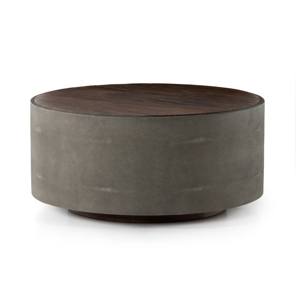 Round Coffee Table Reclaimed Peroba Wood & Gray Faux Shagreen Base 38 inch