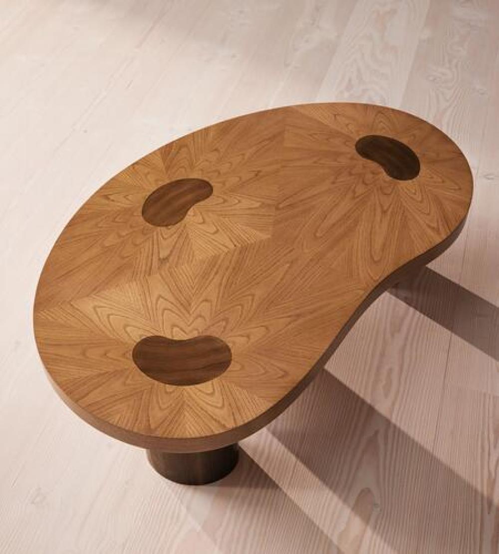 Softly Curved Kidney Shaped Natural Oak & Brown Walnut Wood Coffee Table 47 inch