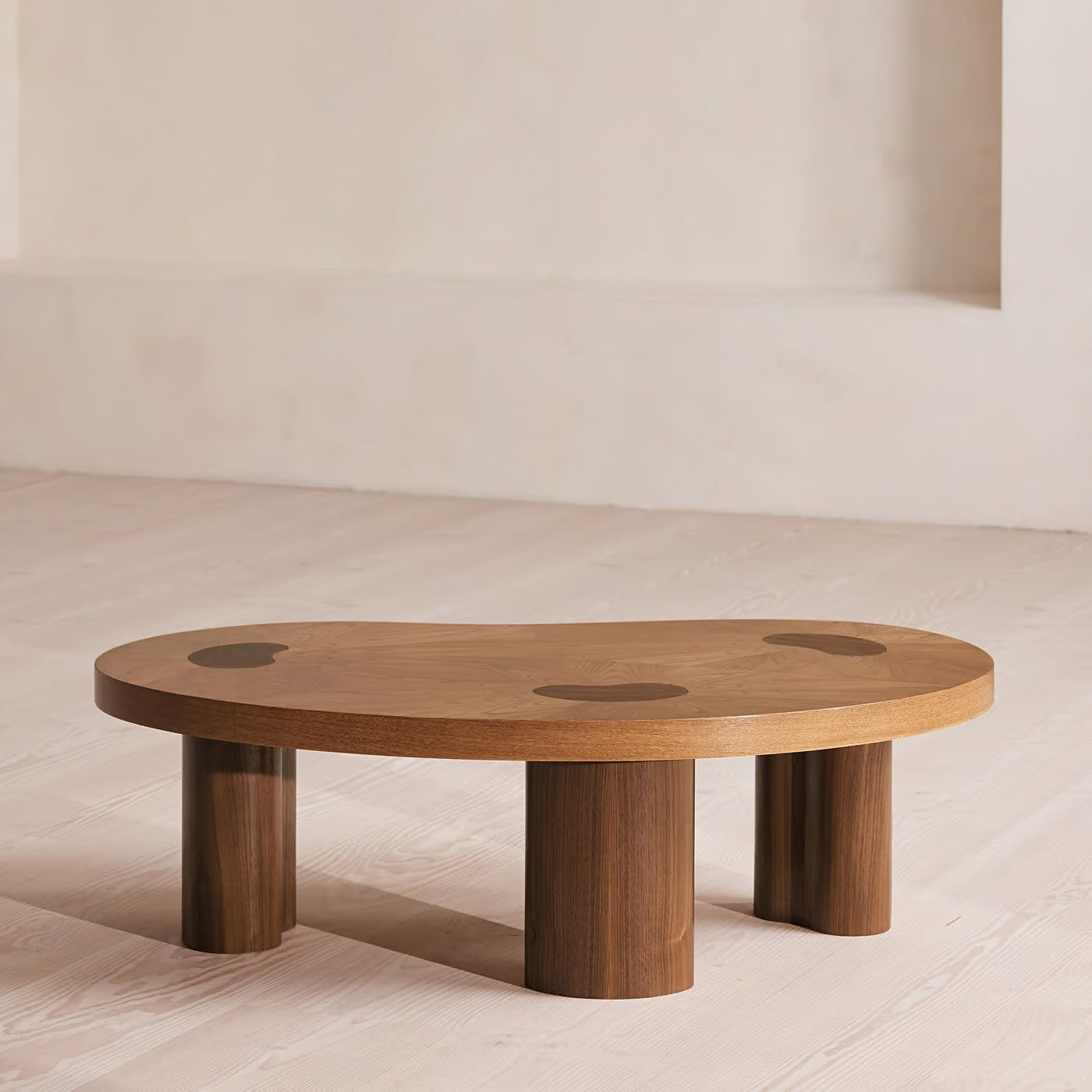 Softly Curved Kidney Shaped Natural Oak & Brown Walnut Wood Coffee Table 47 inch